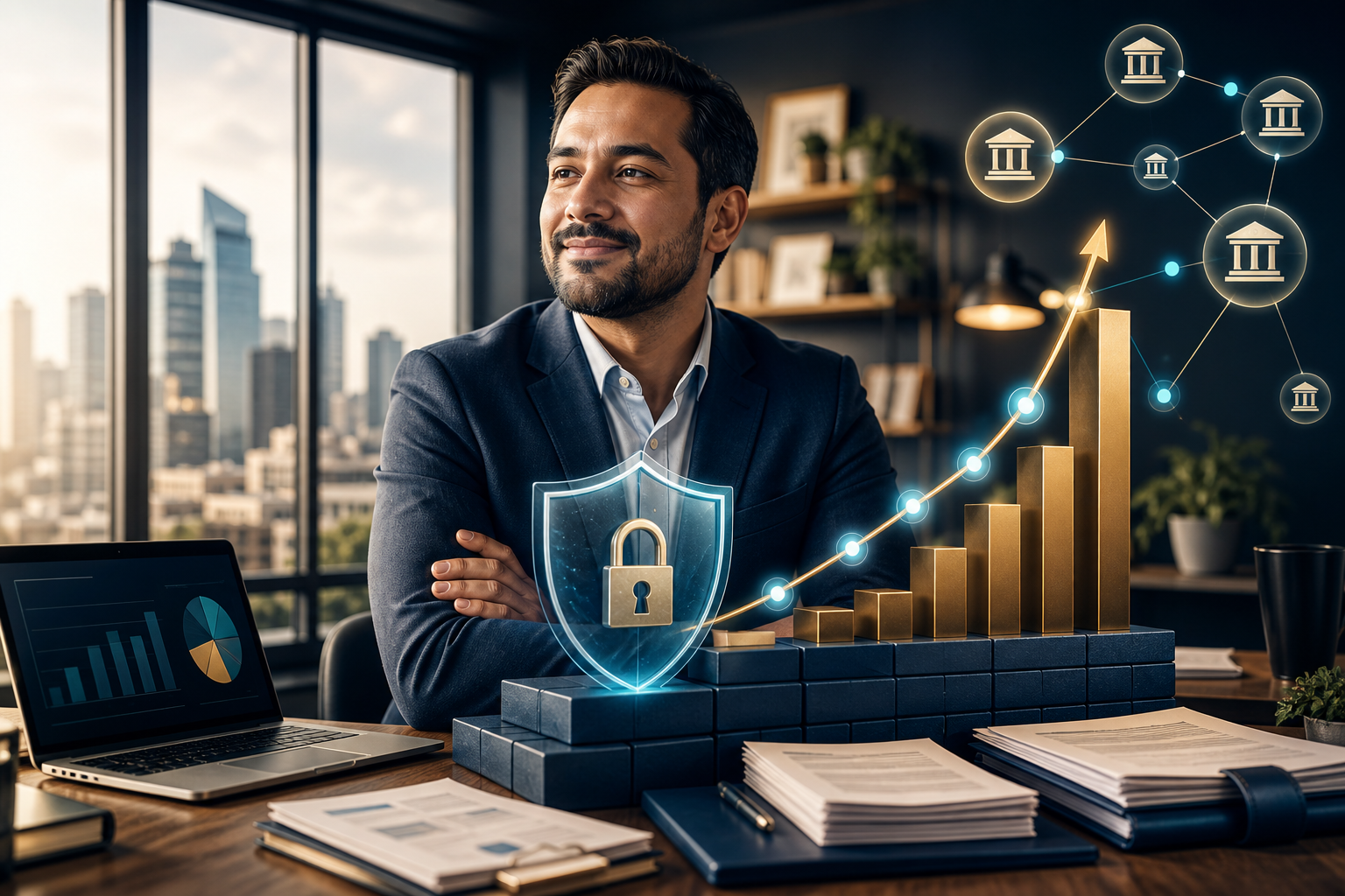 Businessman behind a security shield and lock, with rising financial bars and connected bank icons symbolizing secure growth