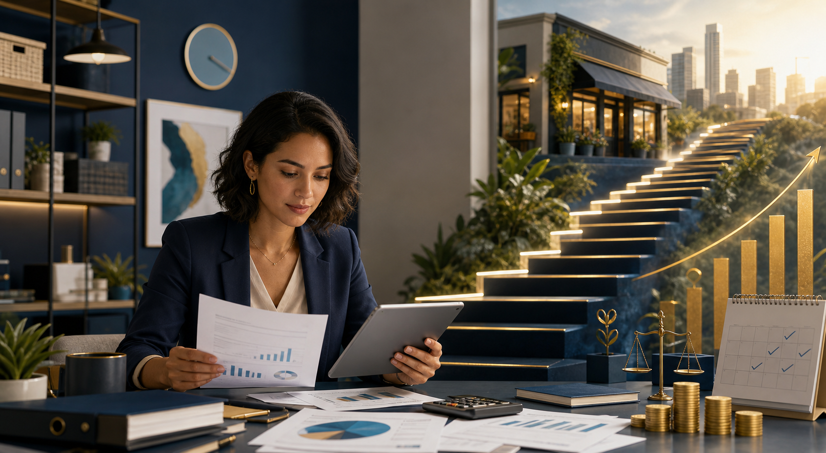 Businesswoman reviewing financial charts on paper and a tablet, with coins and a rising growth graph nearby