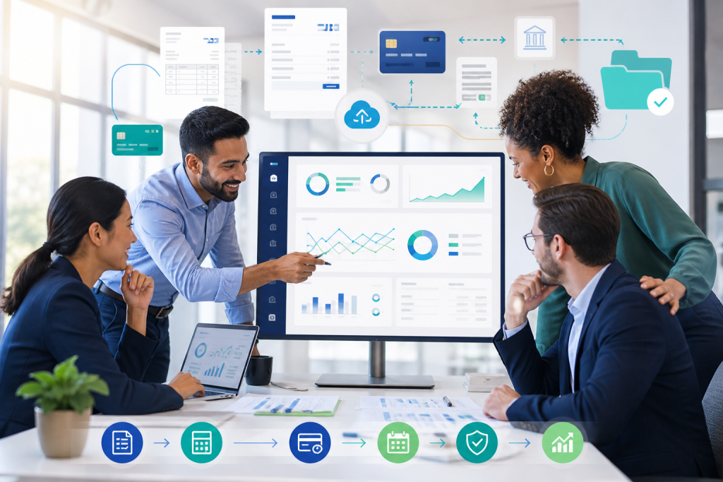 Four business professionals review financial charts on a monitor and laptop, with digital workflow icons illustrating payments, documents, security, and growth