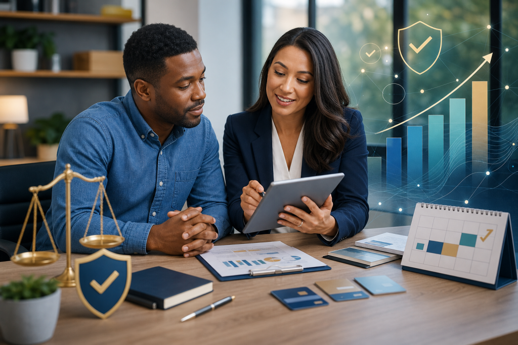 Two professionals review a tablet beside financial charts and security symbols